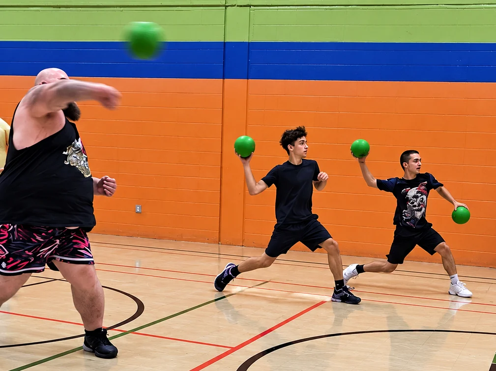 Plusieurs joueurs lancent pendant une partie de dodgeball